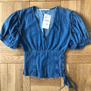 Zara Denim-wear V Neck Top